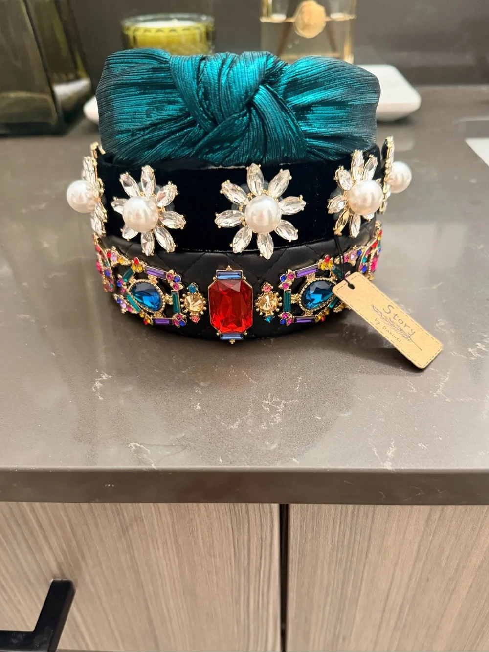 Embellished Velvet Headband Set - Teal, Black & Multicolor